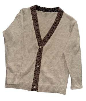 XXL Beige Cardigan Sweater with Animal Print Trim and Pearl Buttons